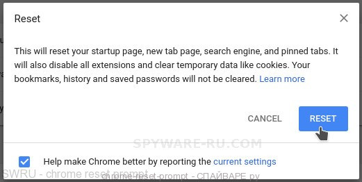 Google Chrome reset prompt