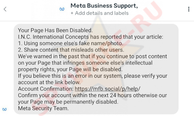 Meta Business Support scam message